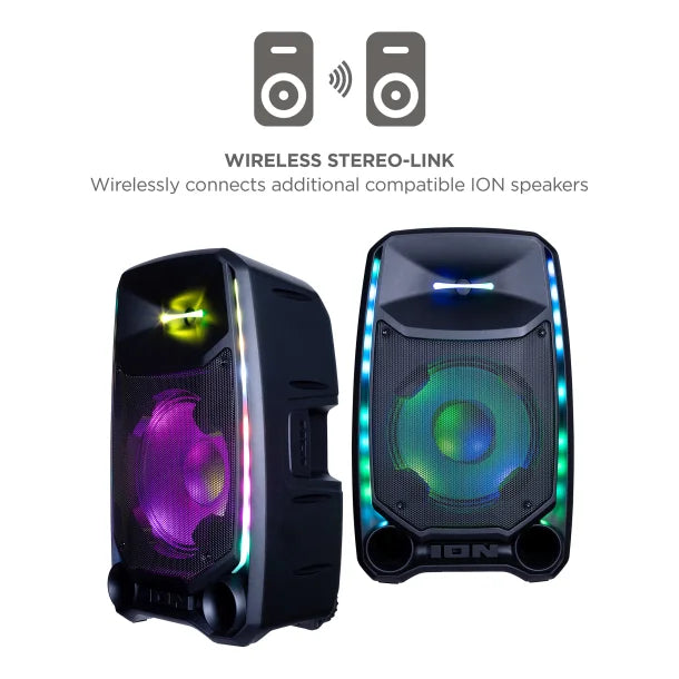 ION® Total PA™ Ultimate Portable Bluetooth® PA System with Edge-Glow™ Lights, Speaker Stand, and 2 Wired Microphones