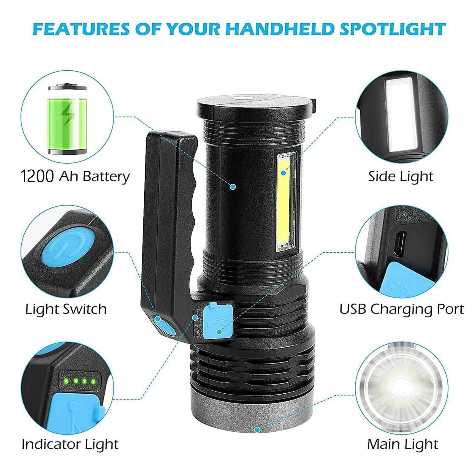 LED Flashlight USB Rechargeable Torch COB Spotlight Camping Light High Lumens Emergency Lamp 3 Modes Waterproof 