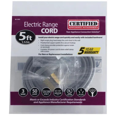 Certified Appliance Accessories® 3-Wire Eyelet 50-Amp Range Cord, 5ft