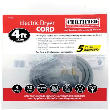 Certified Appliance Accessories® 3-Wire Eyelet 30-Amp Dryer Cord, 4ft