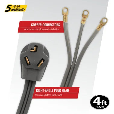 Certified Appliance Accessories® 3-Wire Eyelet 30-Amp Dryer Cord, 4ft