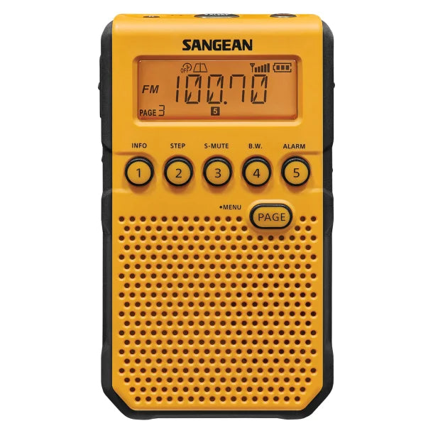 Sangean® AM/FM/NOAA® Weather Alert Pocket Clock Radio with Earbuds, Yellow, DT-800