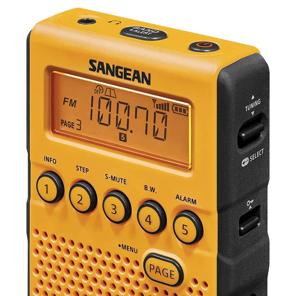 Sangean® AM/FM/NOAA® Weather Alert Pocket Clock Radio with Earbuds, Yellow, DT-800