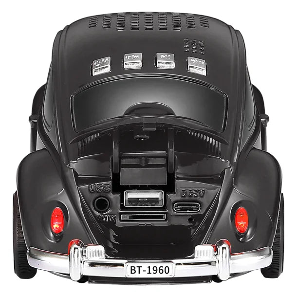 QFX® BT-1960 Retro Car Portable Bluetooth® Speaker with Speakerphone, True Wireless, FM Radio, and LED Party Lights (Black)