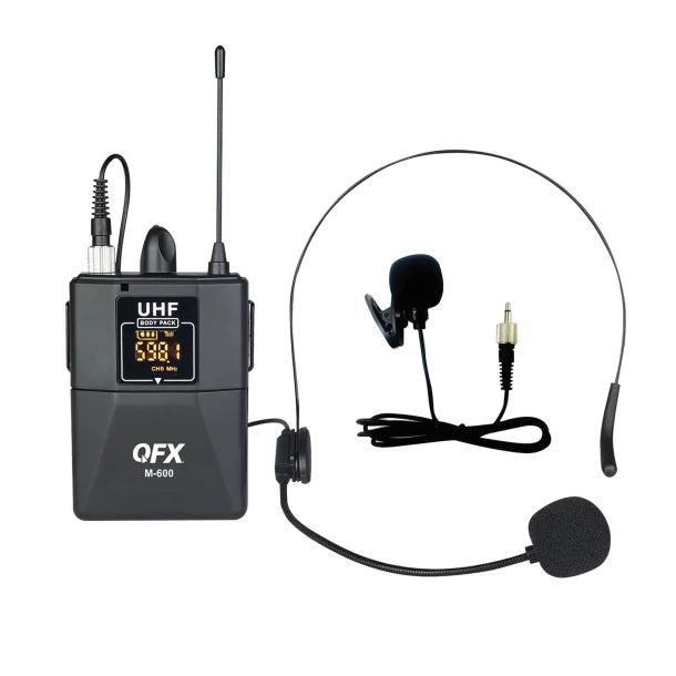 QFX® M-600 16-Channel UHF Multi-Frequency Microphone System with Head-Worn Microphone, Lavalier Microphone, Body-Pack Transmitter, and Plug-in Receiver