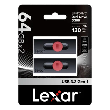 Lexar® JumpDrive® D300 USB 3.2 Dual Drive with USB-C® and USB-A, 2 Pack (64 GB)