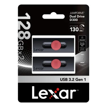 Lexar® JumpDrive® D300 USB 3.2 Dual Drive with USB-C® and USB-A, 2 Pack (128 GB)