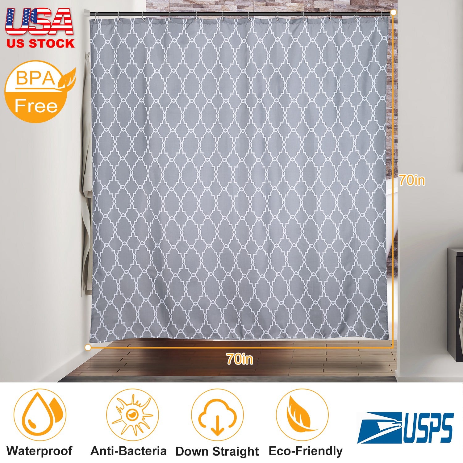 Shower Curtain Waterproof 70x70” Inches Bathroom Shower Drape Liner Print Polyester Fabric Bathroom Curtain w/ 12 Hooks for Bathtub Shower Stall