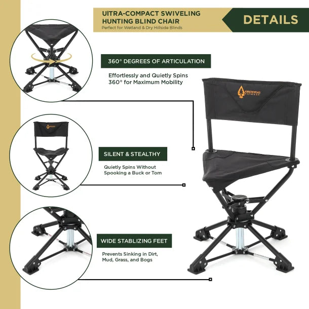 ARROWHEAD OUTDOOR™ 360°-Swiveling Compact Hunting Blind and Fishing Chair Stool Seat (Charcoal Black)