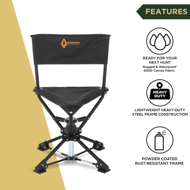 ARROWHEAD OUTDOOR™ 360°-Swiveling Compact Hunting Blind and Fishing Chair Stool Seat (Charcoal Black)