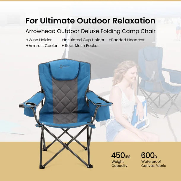 ARROWHEAD OUTDOOR™ Portable Folding Camping Quad Chair with 6-Can Armrest Cooler (Ocean Blue)