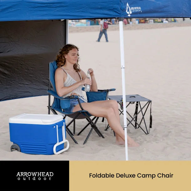 ARROWHEAD OUTDOOR™ Portable Folding Camping Quad Chair with 6-Can Armrest Cooler (Ocean Blue)