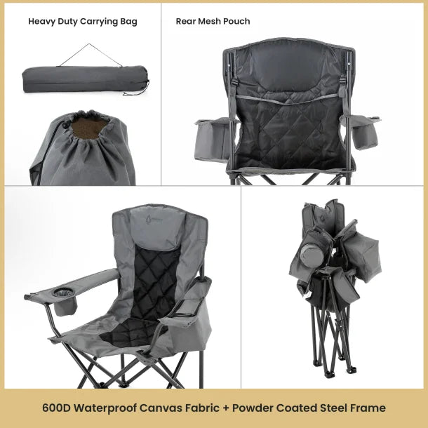 ARROWHEAD OUTDOOR™ Portable Folding Camping Quad Chair with 6-Can Armrest Cooler (Granite Gray)