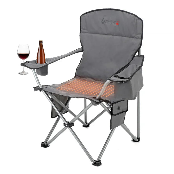 ARROWHEAD OUTDOOR™ Portable Folding USB-Heated Camping Chair with 6-Can Armrest Cooler, Gray