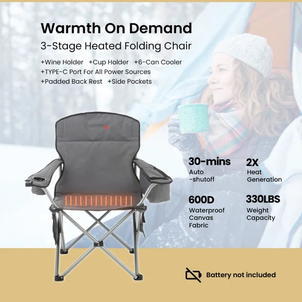 ARROWHEAD OUTDOOR™ Portable Folding USB-Heated Camping Chair with 6-Can Armrest Cooler, Gray