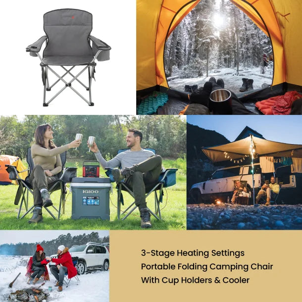 ARROWHEAD OUTDOOR™ Portable Folding USB-Heated Camping Chair with 6-Can Armrest Cooler, Gray