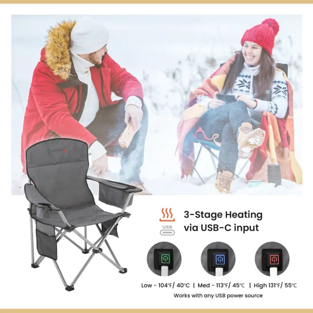 ARROWHEAD OUTDOOR™ Portable Folding USB-Heated Camping Chair with 6-Can Armrest Cooler, Gray