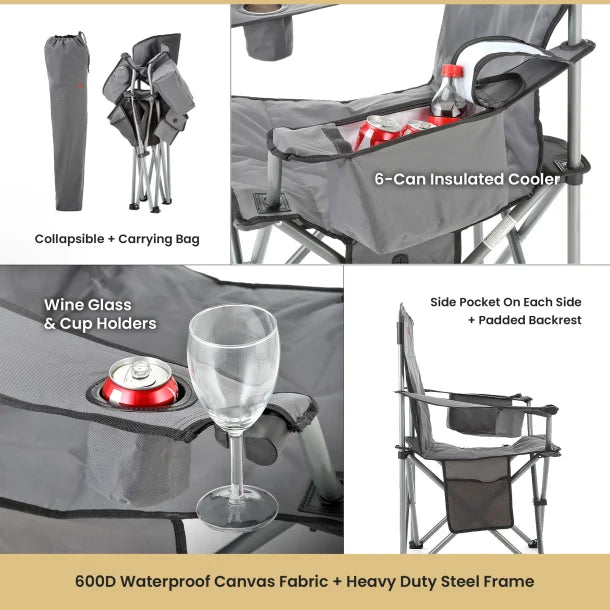 ARROWHEAD OUTDOOR™ Portable Folding USB-Heated Camping Chair with 6-Can Armrest Cooler, Gray