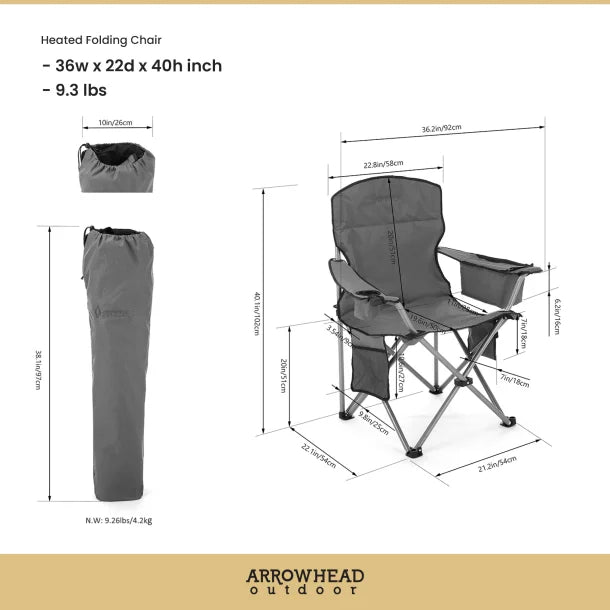 ARROWHEAD OUTDOOR™ Portable Folding USB-Heated Camping Chair with 6-Can Armrest Cooler, Gray