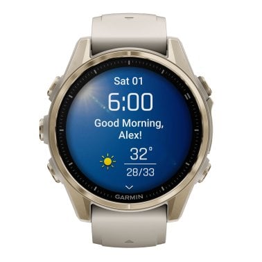 Garmin® fēnix® 8 AMOLED Multisport 43-mm GPS Watch with Silicone Band (Sapphire Lens/Soft Gold/Fog Gray)