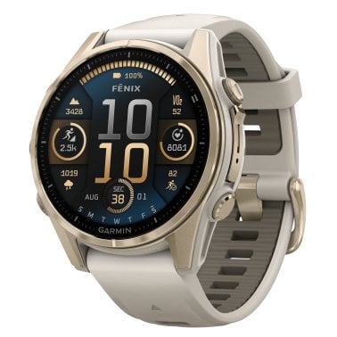 Garmin® fēnix® 8 AMOLED Multisport 43-mm GPS Watch with Silicone Band (Sapphire Lens/Soft Gold/Fog Gray)