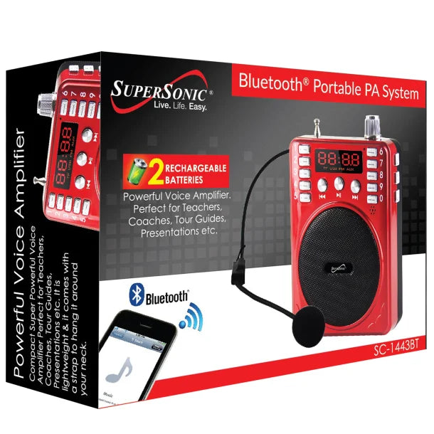 Supersonic® Bluetooth® Portable PA Speaker Voice Amplifier with Microphone, FM Radio, and Karaoke Jack, SC-1443BT (Red)