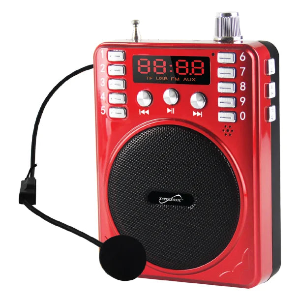 Supersonic® Bluetooth® Portable PA Speaker Voice Amplifier with Microphone, FM Radio, and Karaoke Jack, SC-1443BT (Red)