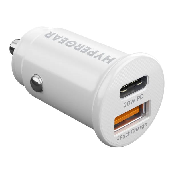 HyperGear® mini Dual 20-Watt USB-C® PD and 18-Watt USB Car Charger (White)