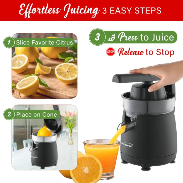 Brentwood® 80-Watt 1-Speed Electric Citrus Juicer with Ergonomic Lever, Black