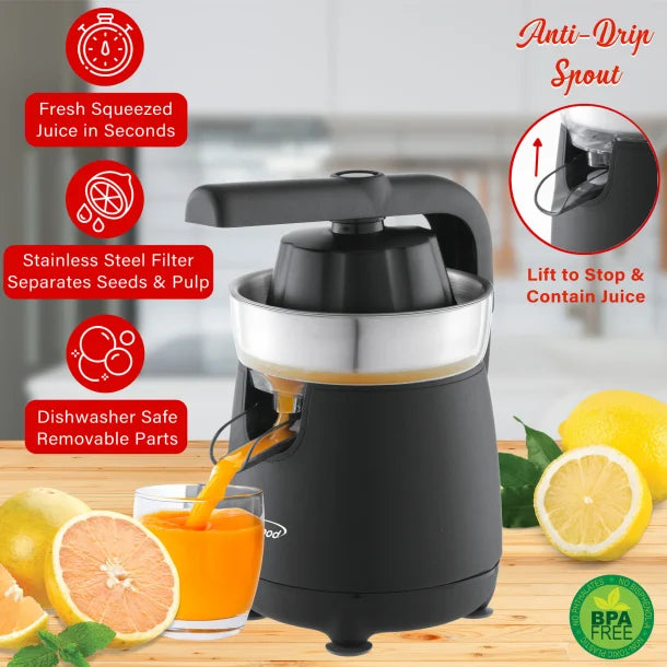 Brentwood® 80-Watt 1-Speed Electric Citrus Juicer with Ergonomic Lever, Black