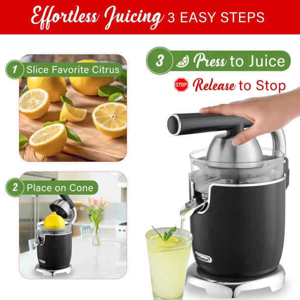 Brentwood® 200-Watt 1-Speed Electric Citrus Juicer with 2 Cones and Stainless Steel Lever (Black)