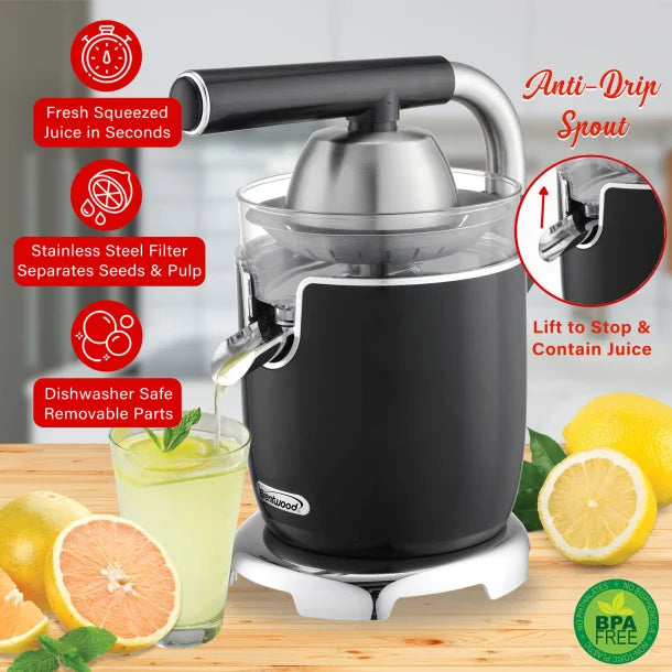 Brentwood® 200-Watt 1-Speed Electric Citrus Juicer with 2 Cones and Stainless Steel Lever (Black)