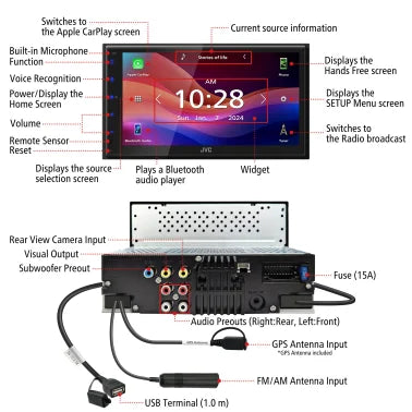 JVC® KW-M590BT 6.8-In. Car In-Dash Unit, Double-DIN/Single-DIN Digital Receiver with WSVGA Touch Screen, Android Auto™, and Apple CarPlay®