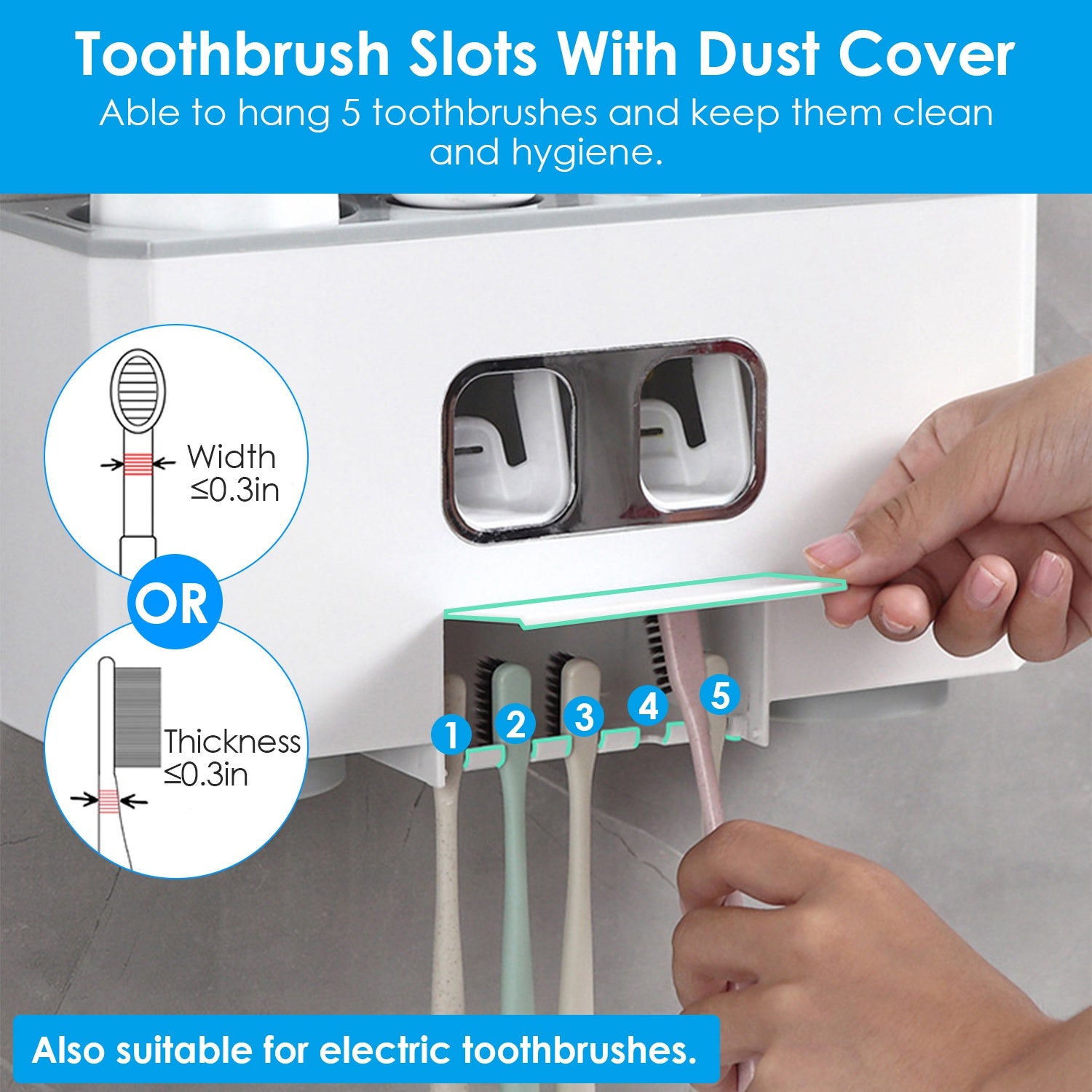 Multifunctional Wall Mount Toothbrush Holder Rack Organizer Automatic Toothpaste Dispenser Squeezer with Magnetic Cups 5 Toothbrush Slots Hair Dryer H