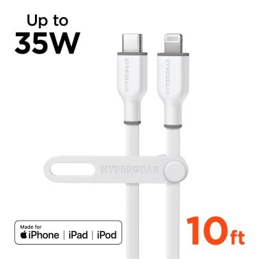 HyperGear® Flexi Pro USB-C® to Lightning® Soft-Touch Silicone Fast Charge and Sync Cable, 10-Ft. (White)