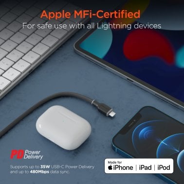 HyperGear® Flexi Pro USB-C® to Lightning® Soft-Touch Silicone Fast Charge and Sync Cable, 10-Ft. (Black)