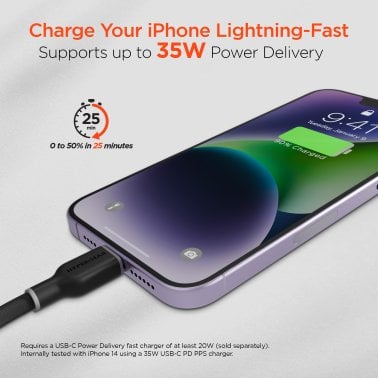 HyperGear® Flexi Pro USB-C® to Lightning® Soft-Touch Silicone Fast Charge and Sync Cable, 10-Ft. (Black)