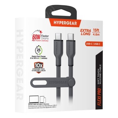 HyperGear® Flexi Pro USB-C® to USB-C® Soft-Touch Silicone Fast Charge and Sync Cable (15 Ft.; Gray)