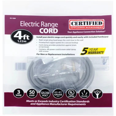 Certified Appliance Accessories® 3-Wire Eyelet 50-Amp Range Cord, 4ft