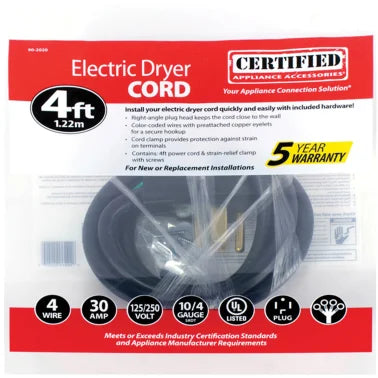 Certified Appliance Accessories® 4-Wire Eyelet 30-Amp Dryer Cord, 4ft