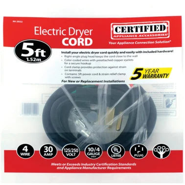 Certified Appliance Accessories® 4-Wire Eyelet 30-Amp Dryer Cord, 5ft