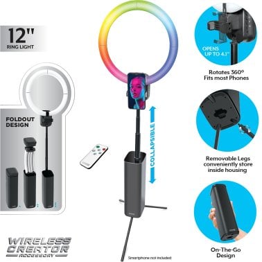 Bower® Wireless Creator Collapsible 12-In. White and RGB Ring Light, Black