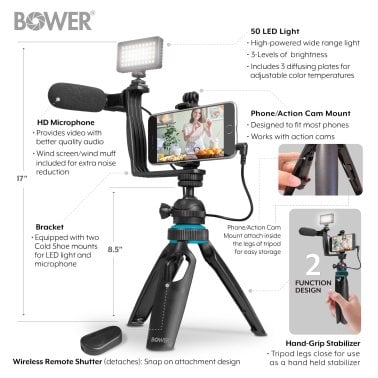 Bower® Smart Photo Vlogger Kit with LED, Microphone, and Remote