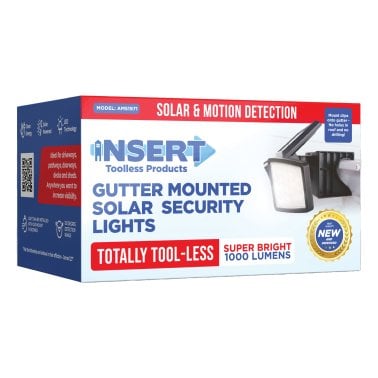 Insert Toolless Products Toolless Easy-Install 1,000-Lumen Gutter-Mount Triple-Head Solar Security Light, Black