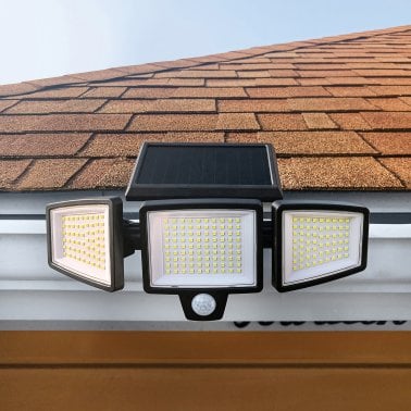 Insert Toolless Products Toolless Easy-Install 1,000-Lumen Gutter-Mount Triple-Head Solar Security Light, Black