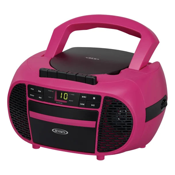 JENSEN® Portable CD Music System with Cassette Player/Recorder and AM/FM Stereo Radio, CD-550 (Magenta/Black)