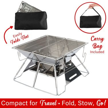 Brentwood® 14-In. x 14-In. Stainless Steel Portable Folding Charcoal BBQ Grill and Outdoor Fire Pit with Carry Bag, BB-4X14SS