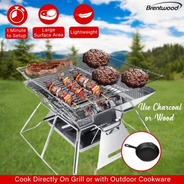 Brentwood® 14-In. x 14-In. Stainless Steel Portable Folding Charcoal BBQ Grill and Outdoor Fire Pit with Carry Bag, BB-4X14SS