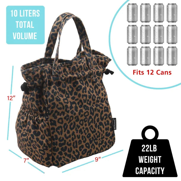 Brentwood® Insulated Canvas Lunch Tote Cooler Bag for Women, 12-Can Capacity, with 2 Side Pockets, CB-2025L (Leopard Brown)