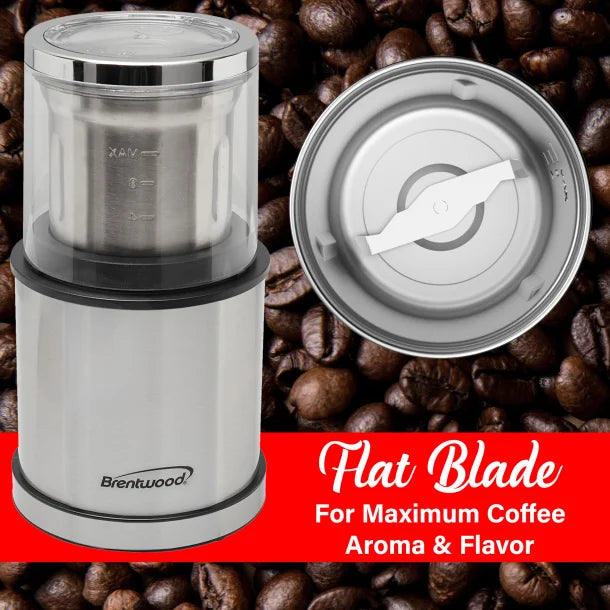 Brentwood® 75-Gram Electric Stainless Steel Wet-and-Dry Coffee Bean, Herb, and Spice Grinder with 2 Removable Bowls, CG-162S